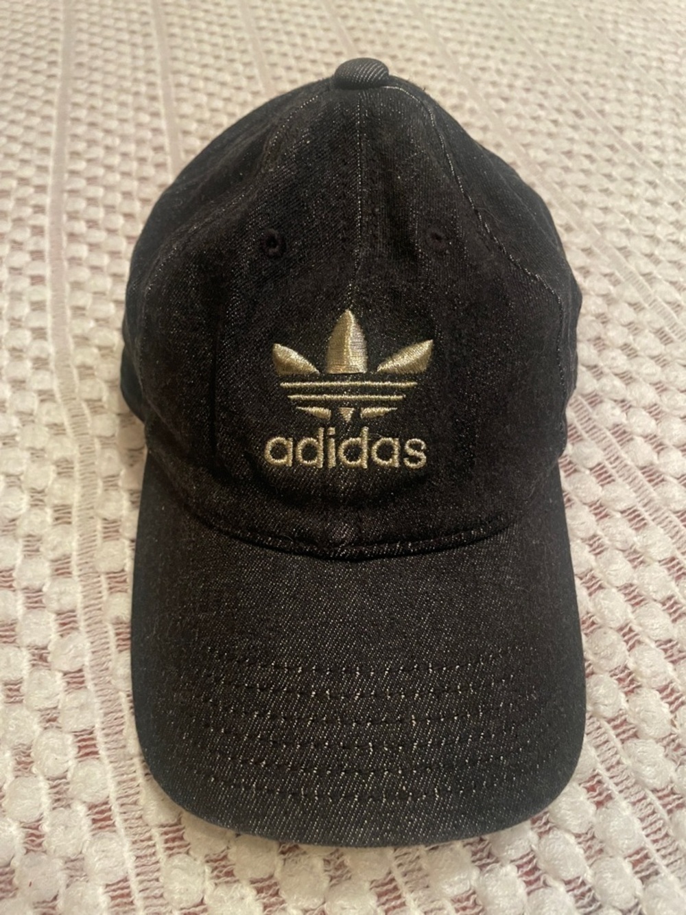 Adidas Trefoil Hat Black Denim Gold Logo Baseball Cap Adjustable Streetwear